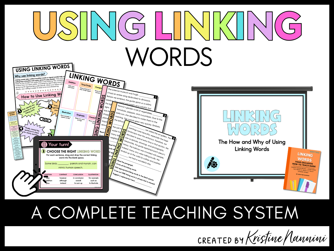 Linking Words  Teaching Lesson Slides, Student Practice Slides, and Printable Practice Activities including Anchor Charts, Task Cards, Bookmarks, Cut and Paste Activities, Writing Activities, and How-to-Teach Guide