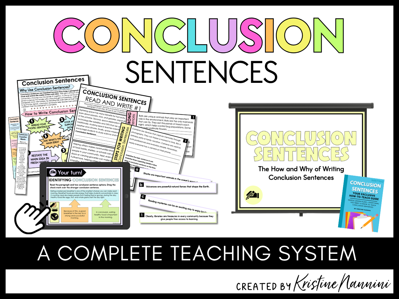 Conclusion Sentences  Teaching Lesson Slides, Student Practice Slides, and Printable Practice Activities including Anchor Charts, Task Cards, Bookmarks, Cut and Paste Activities, Writing Activities, and How-to-Teach Guide